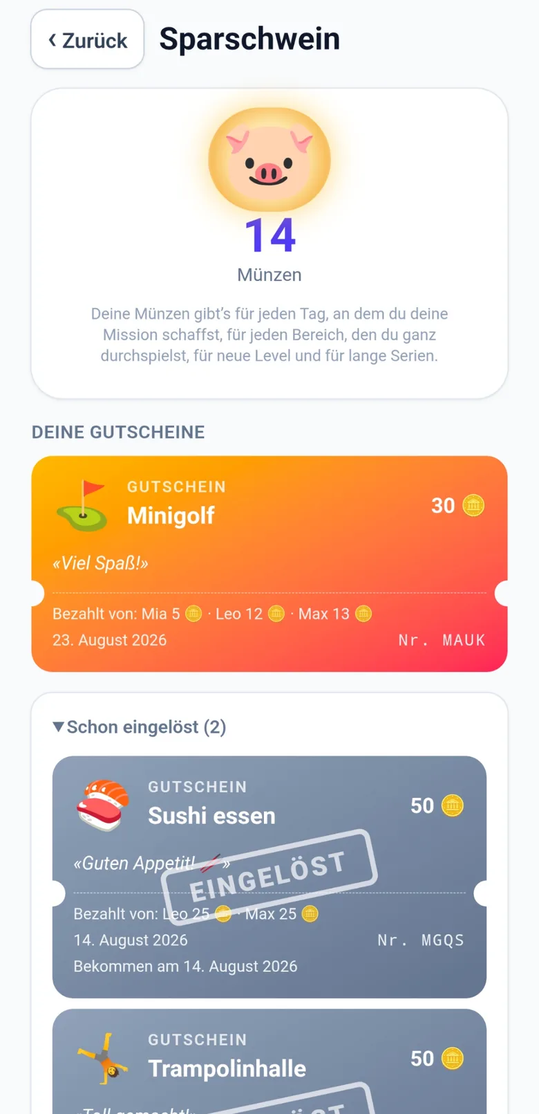 Das Sparschwein: Münzen und ein eingelöster Gutschein, den mehrere Kinder gemeinsam bezahlt haben