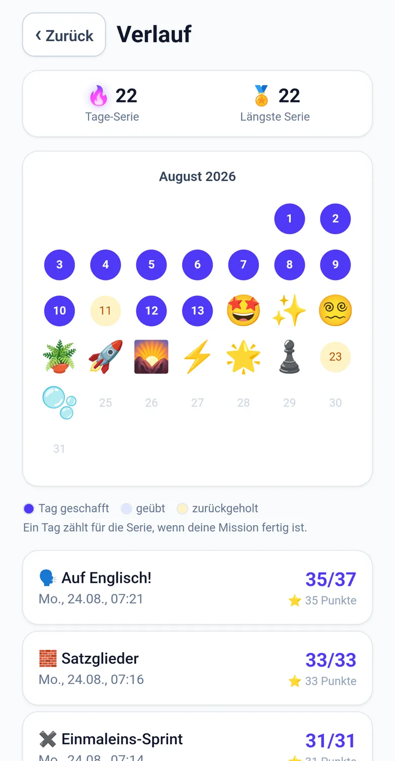 Der Kalender: jeder geschaffte Tag trägt einen selbst gewählten Stempel