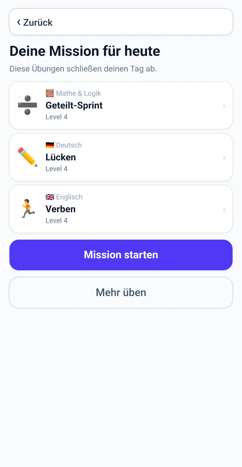 Die Tagesmission: je eine Übung aus Mathe, Deutsch und Englisch für heute