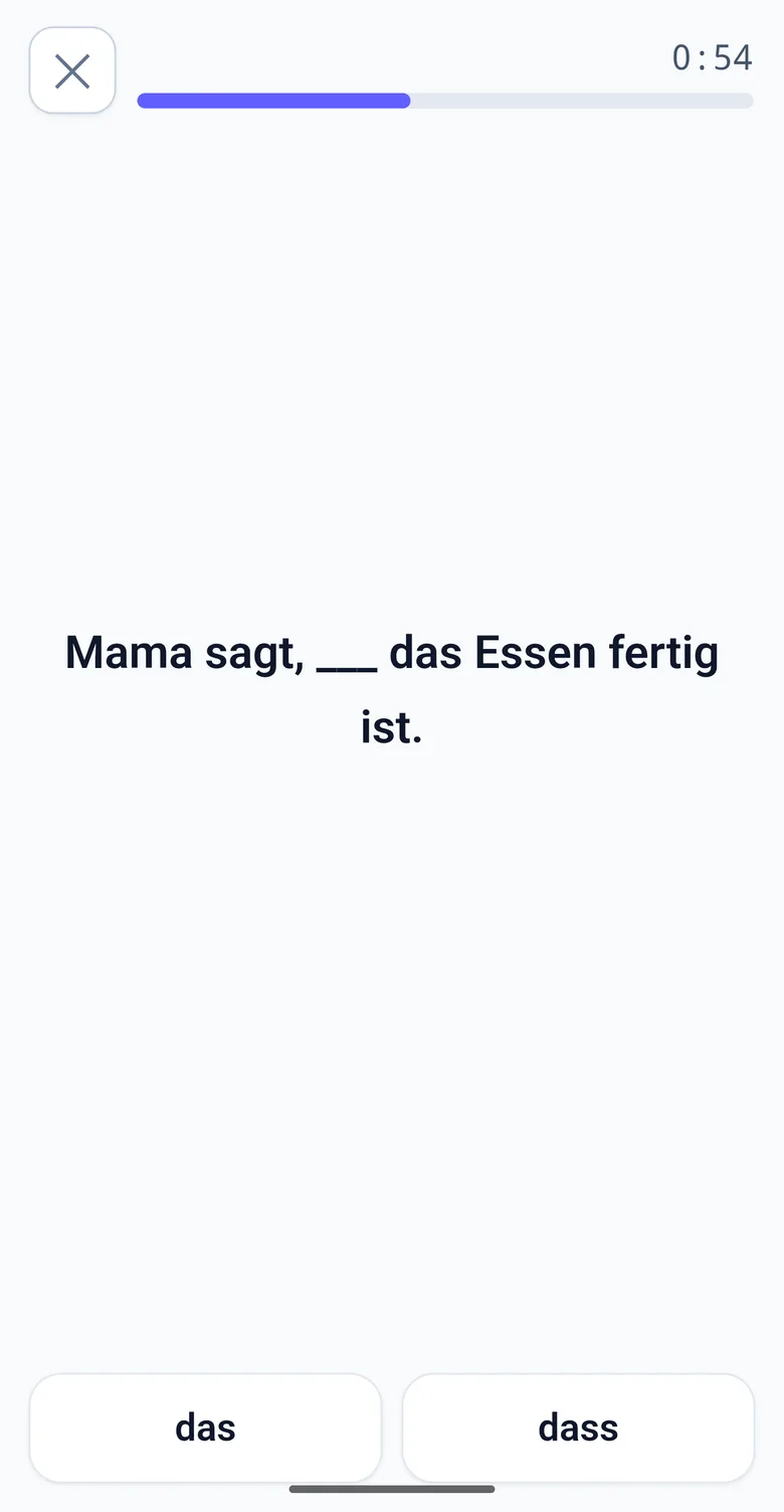 Eine laufende Deutsch-Übung: Lückentext mit zwei Antwortmöglichkeiten